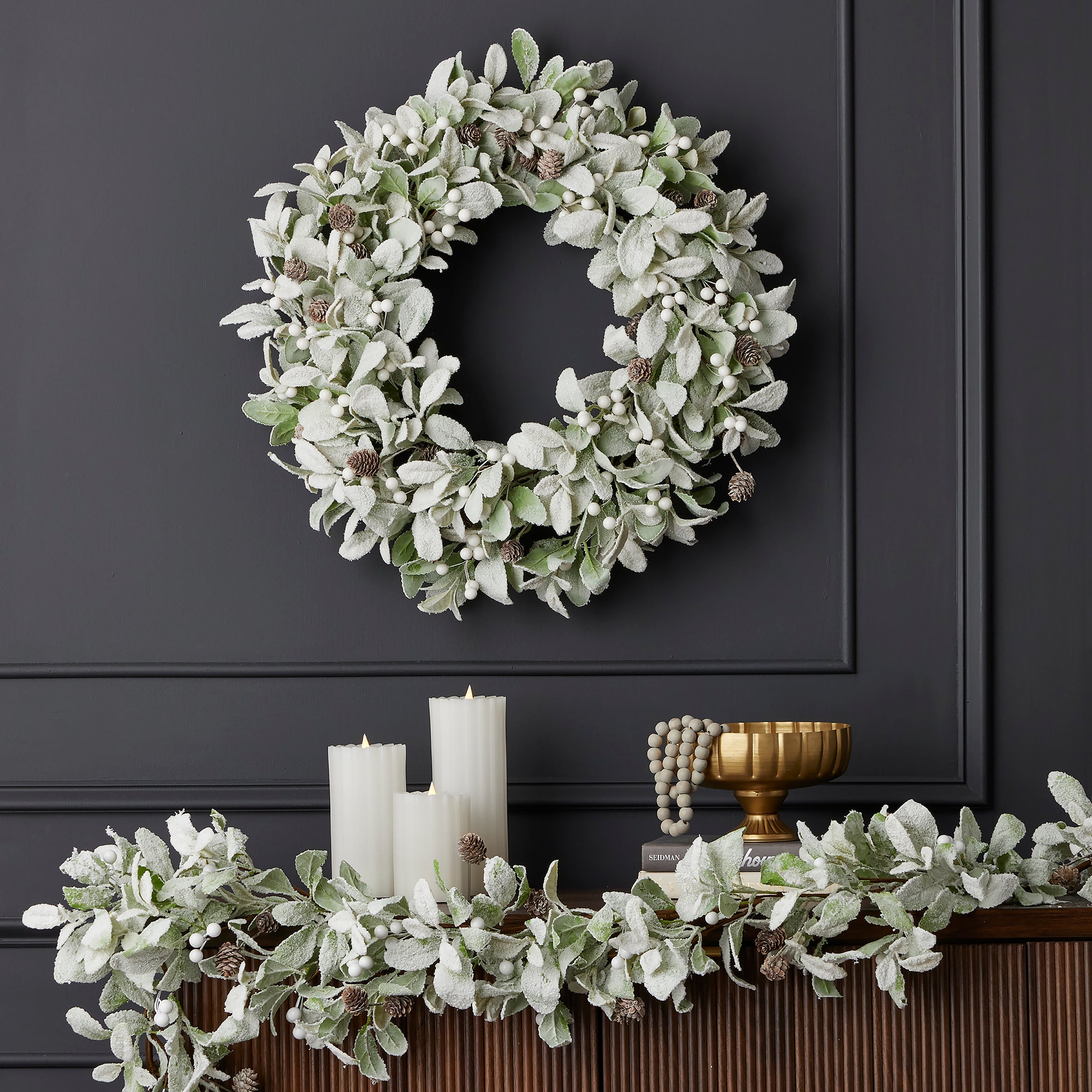 Snowy Lambs Ear and Holly Berry 24in Wreath-White (Unlit)
