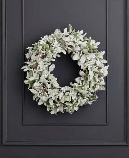 Snowy Lambs Ear and Holly Berry 24in Wreath-White