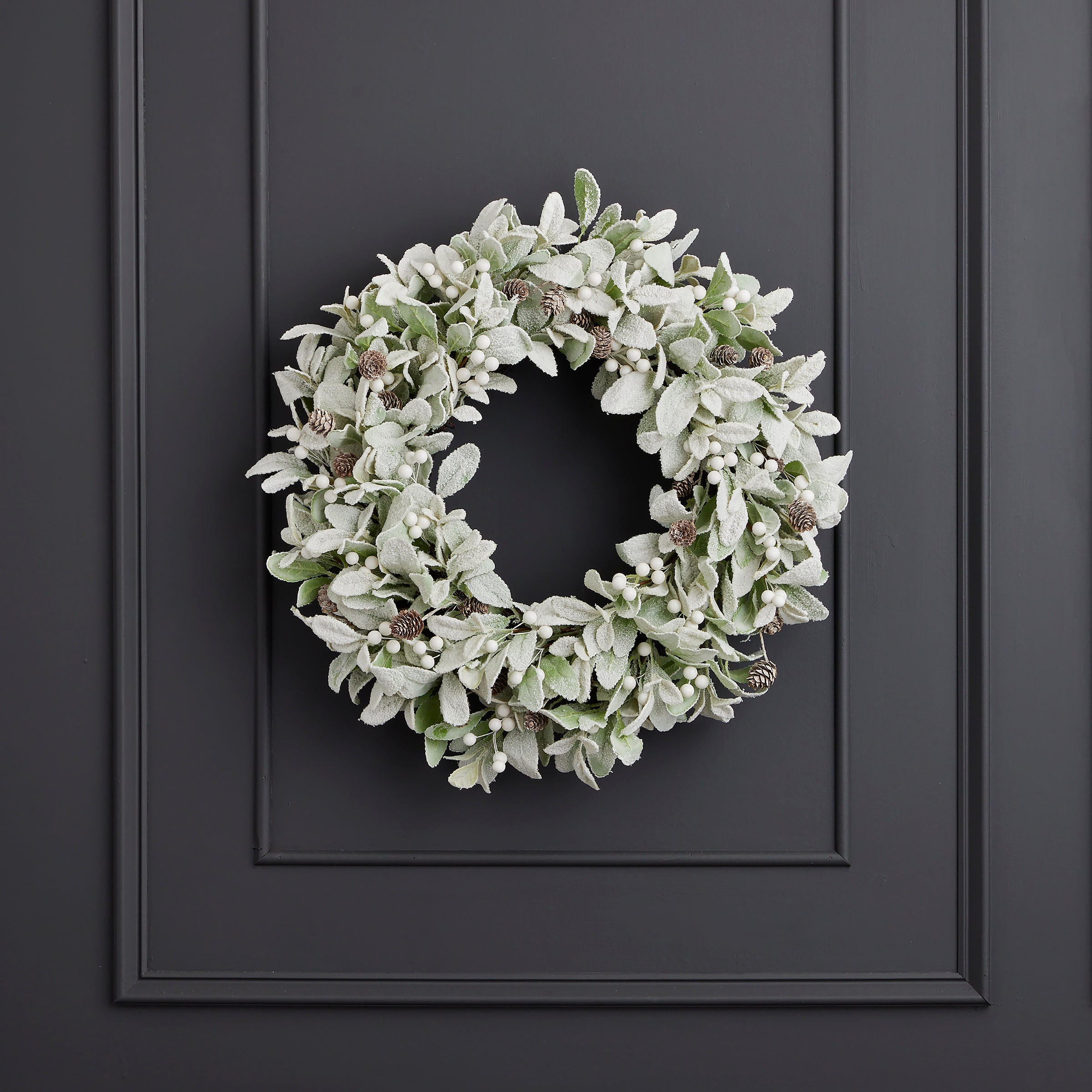 Snowy Lambs Ear and Holly Berry 24in Wreath-White (Unlit)