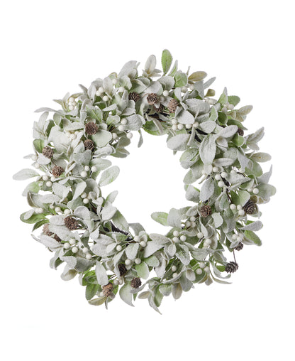 Snowy Lambs Ear and Holly Berry 24in Wreath-White