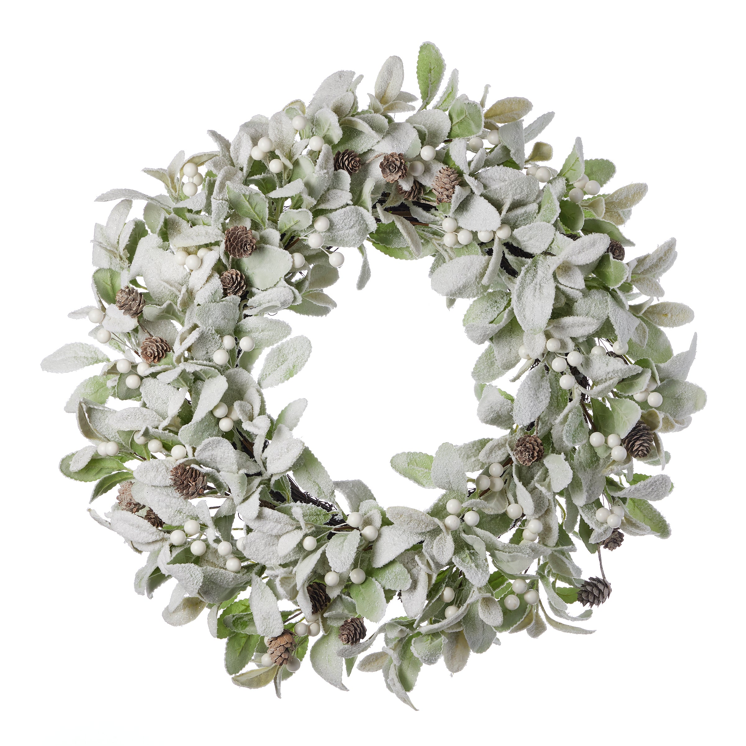 Snowy Lambs Ear and Holly Berry 24in Wreath-White (Unlit)