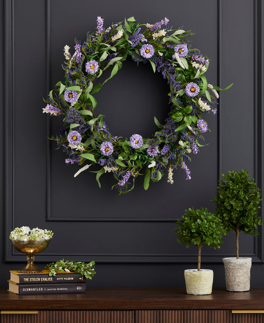 Violeta 26in Wreath, w/ Artificial Erigeron Daisy, Heather, Millet & Lavender