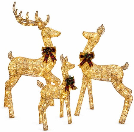 Cotton Reindeer Family Prelit Outdoor Decoration - Champagne