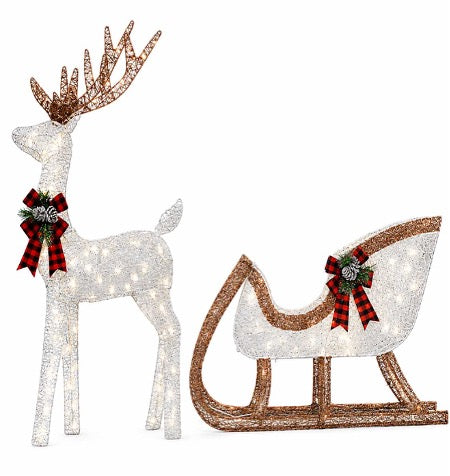 Cotton Reindeer with Sleigh Prelit Outdoor Decoration - White