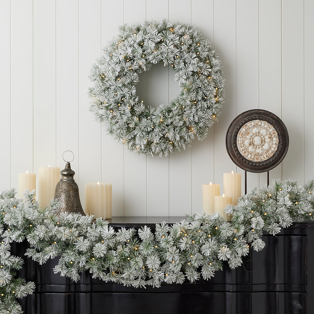 Flocked Winter Fir 9ft Garland (Battery-Operated)