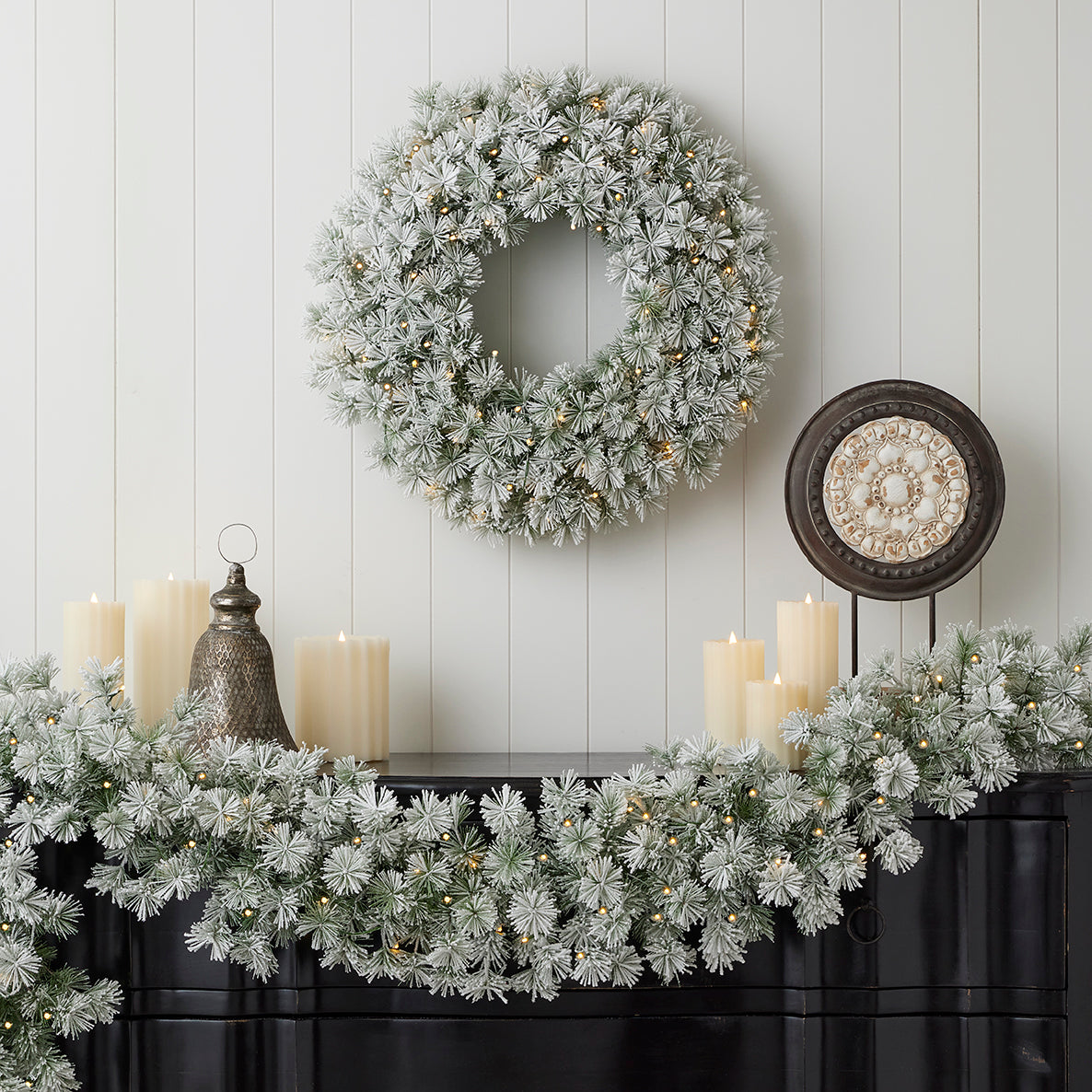 Flocked Winter Fir 9ft Garland (Battery-Operated)