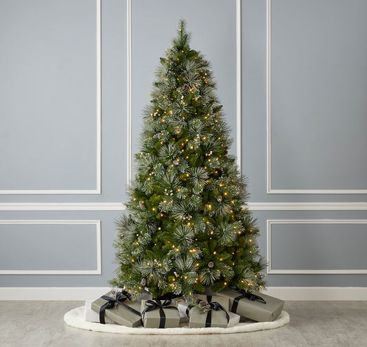 Glistening Mountain Pine Tree with Pinecone, White Berries and Warm White LED Lights
