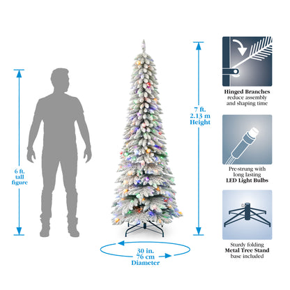 Snow Kissed Pine Flocked Slim Tree With Multicolor LED Lights