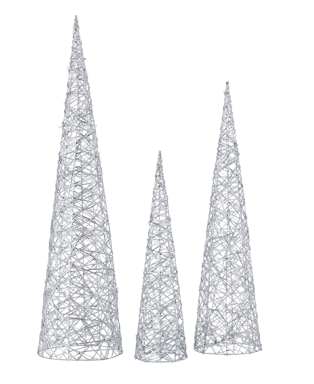Metallic Silver 3pc Cone Set with Warm White LED Lights (Battery-Operated)