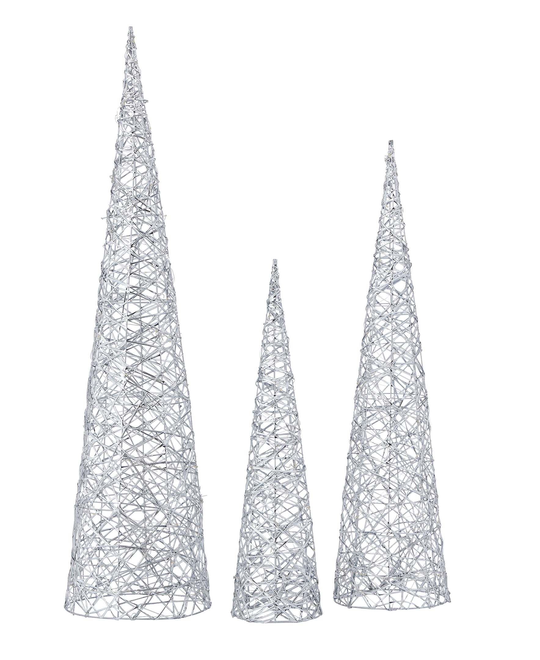 Metallic Silver 3pc Cone Set with Warm White LED Lights (Battery-Operated)