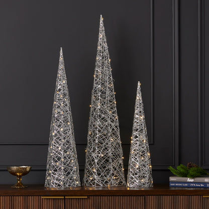 Metallic Silver 3pc Cone Set with Warm White LED Lights (Battery-Operated)