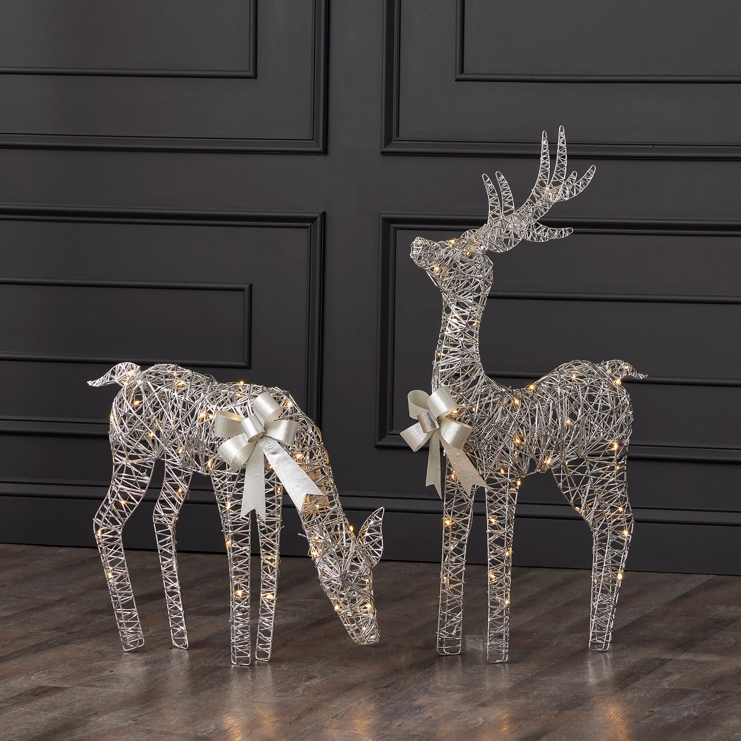 Metallic Silver Reindeer with Warm White LED Lights (Plug In)