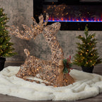 Natural Rattan Sitting Reindeer, w/ Warm White LED Lights