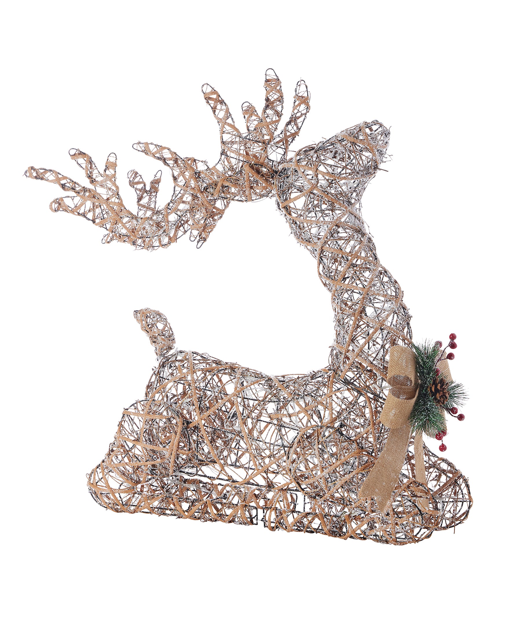 Natural Rattan Sitting Reindeer, w/ Warm White LED Lights