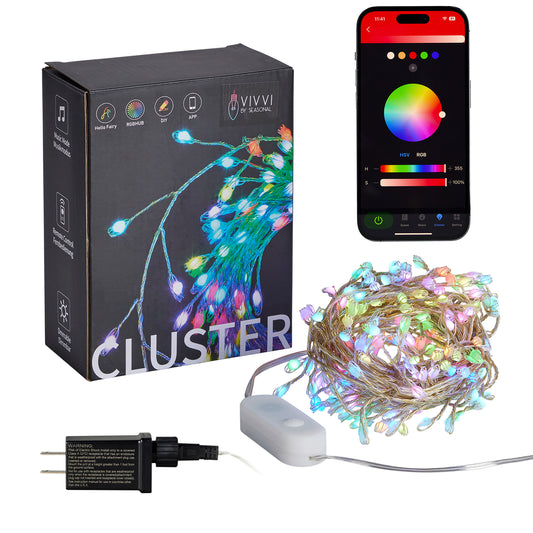 Vivvi App-Based Customizable, Color-Changing Indoor/Outdoor Cluster Lights, 19 ft. long