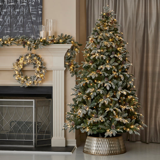 Lexington Fir Lightly Dusted 7.5ft Pre-Lit Tree with Warm White LED Lights and Pinecones