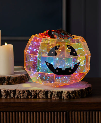 Prismatic Iridescent Pumpkin Candy Box 9", LED lights