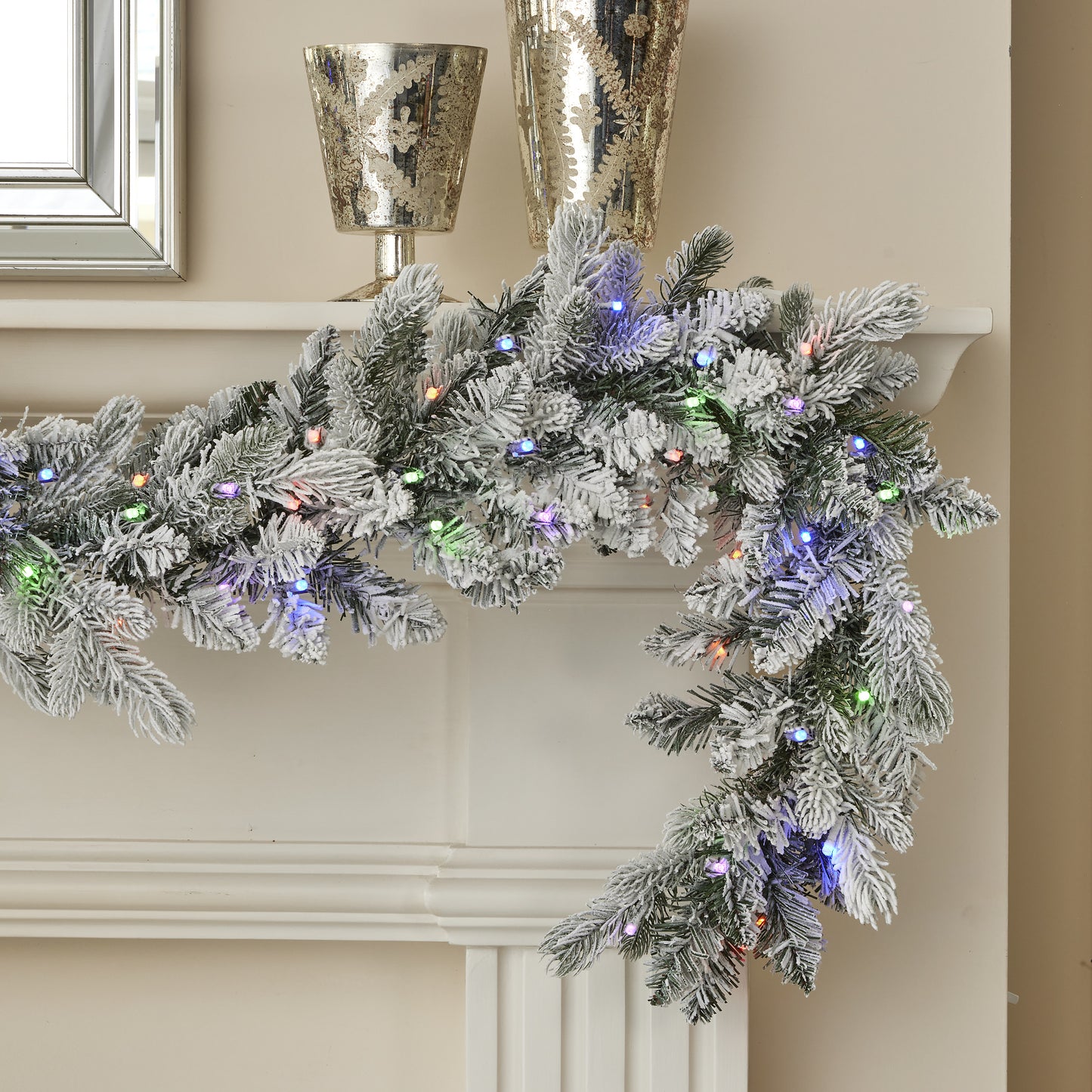 Palmetto Pine 6ft Flocked Garland Pre-lit with 50 Dual LED lights and 9 Functions (Battery-Operated)