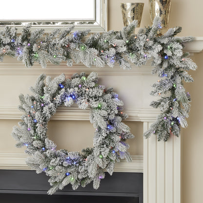 Palmetto Pine 24in Flocked Wreath Pre-lit with 50 Dual LED lights and 9 Functions (Battery-Operated)