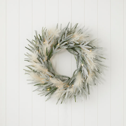 Pine and Pampas Flocked 26" Pre-Lit PE Wreath with LED lights