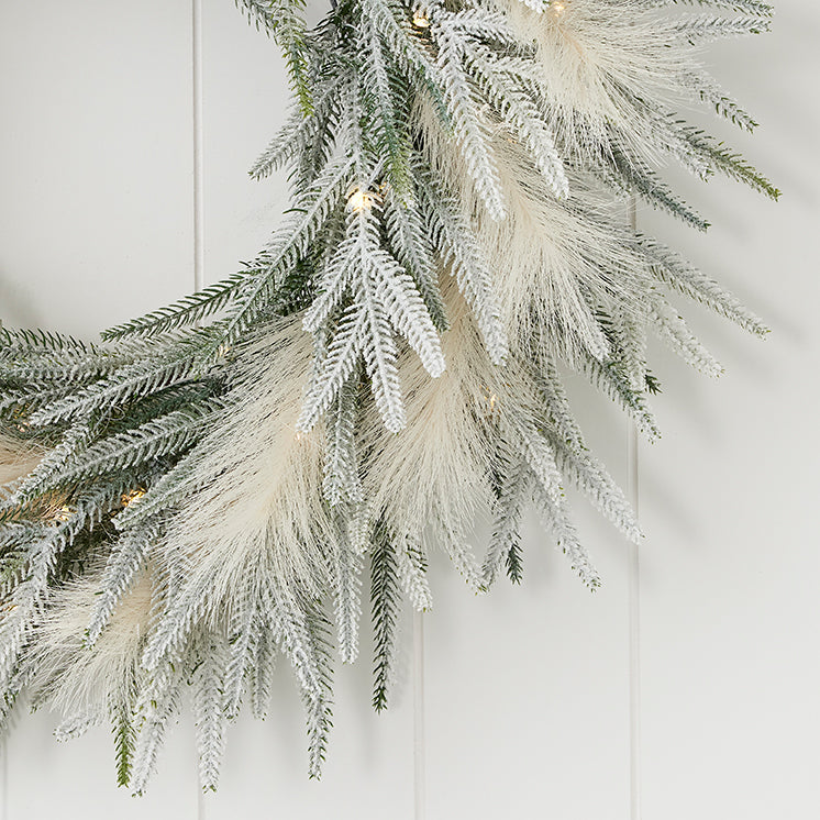 Pine and Pampas Flocked 26in Wreath (Battery-Operated)