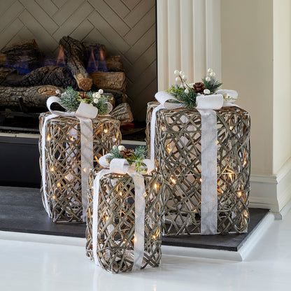 Artificial Rattan Giftbox Set Pre-Lit Set of 3