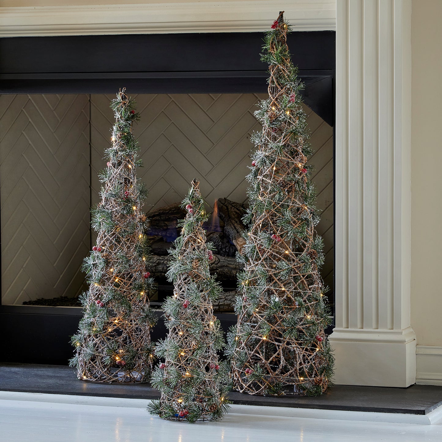 Cone Trees with Greenery Pre-Lit - Set of 3