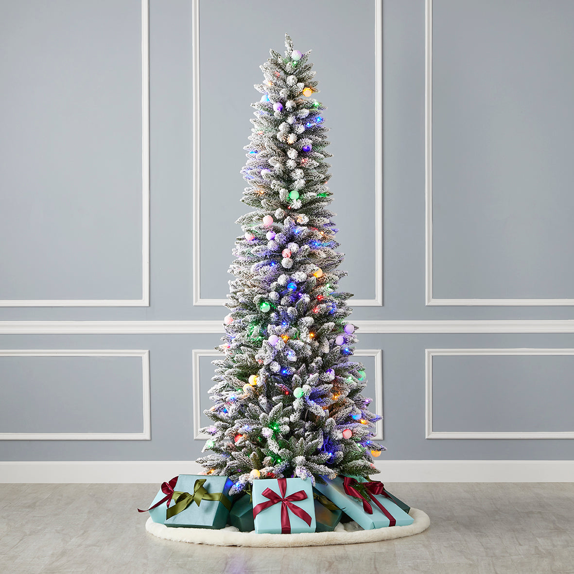 Snow Kissed Pine Flocked Slim Tree With Multicolor LED Lights