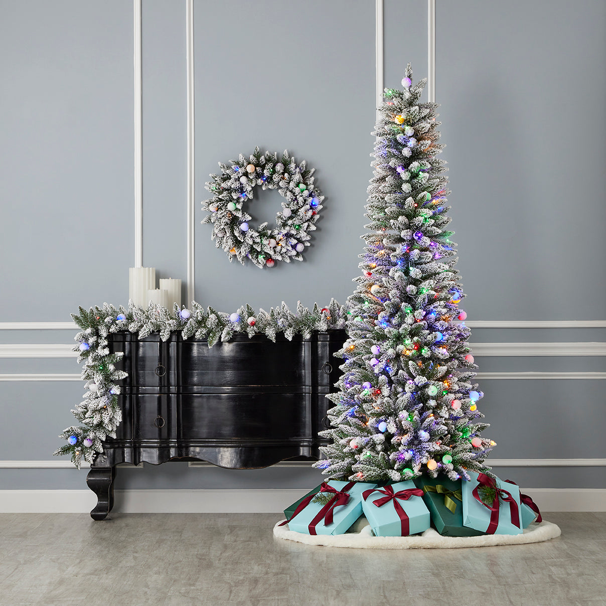 Snow Kissed Pine Flocked Pre-lit Tree with Multicolor LED Lights