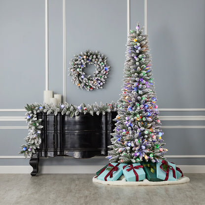 Snow Kissed Pine Flocked Slim Tree With Multicolor LED Lights