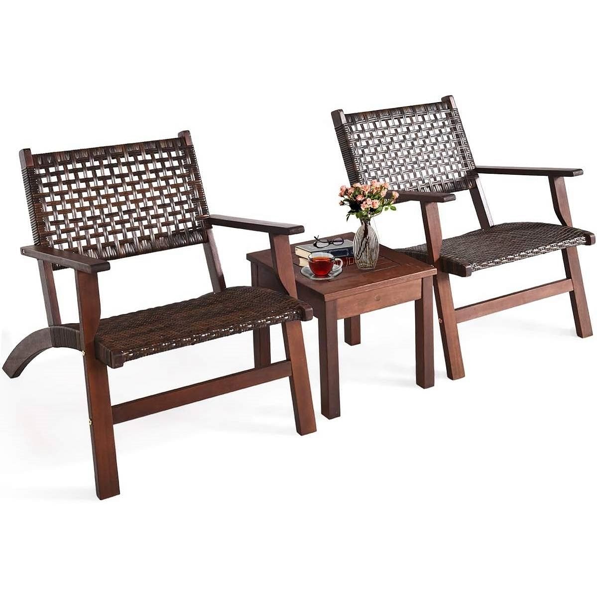 Solid Wood and Rattan 3-Piece Outdoor Table & Chairs Set