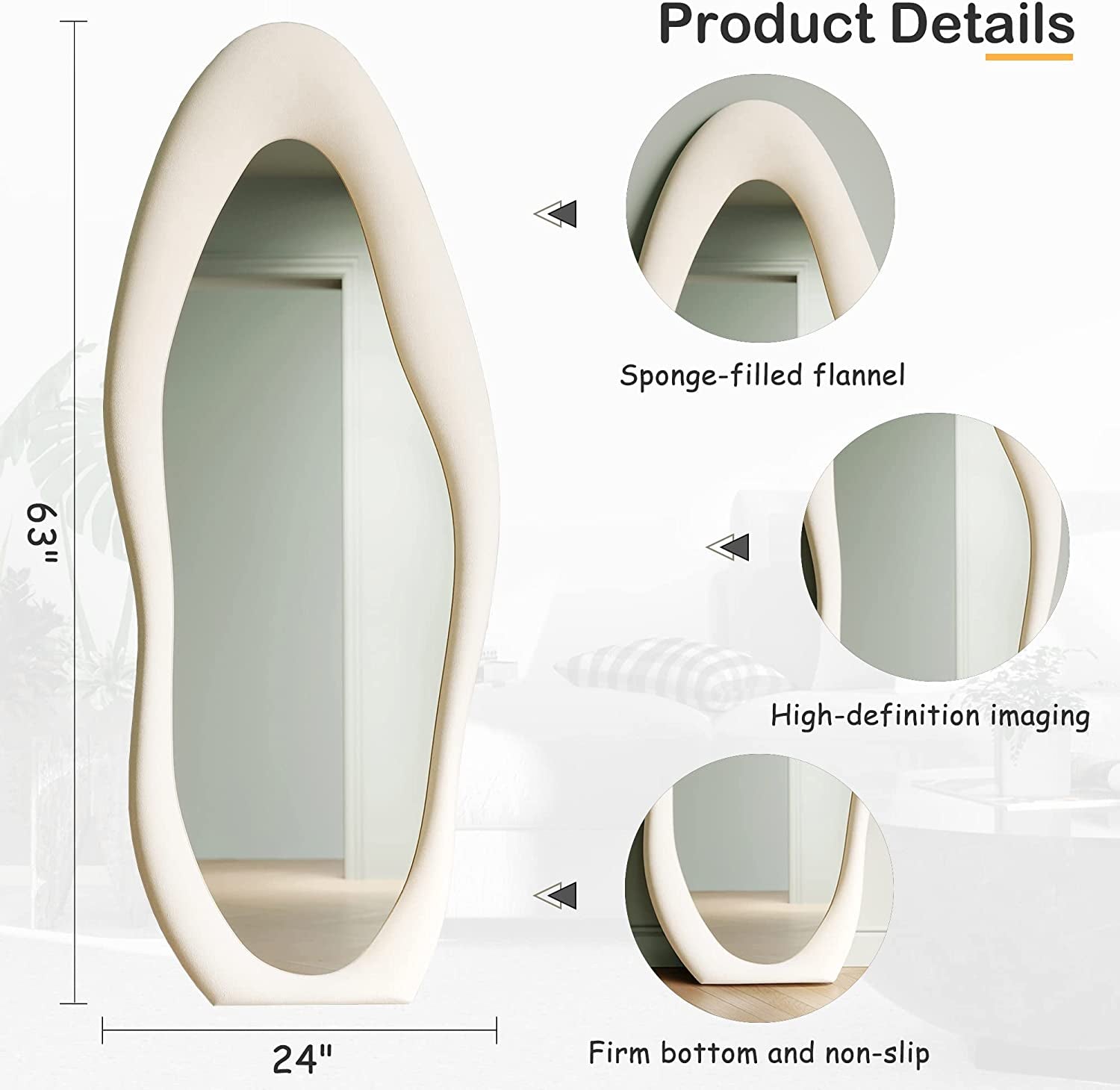 63" X 24" White Full Length Mirror Wooden Frame