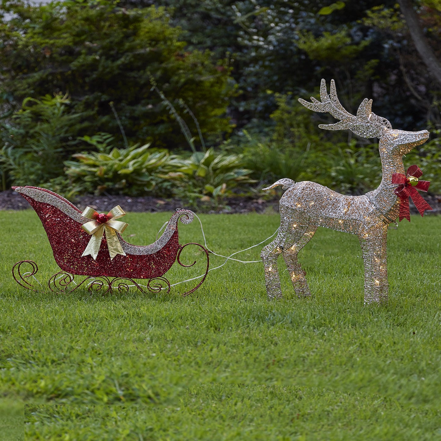 Gold Glitter Reindeer & Sleigh Set Pre-Lit