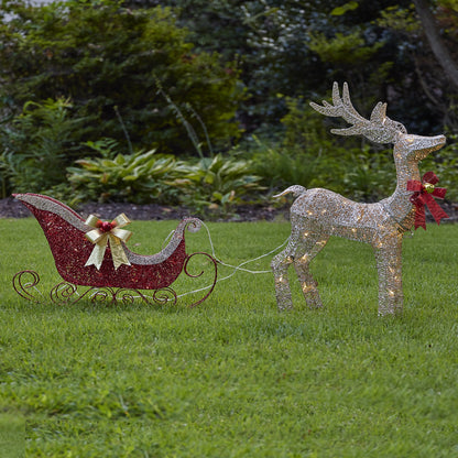 Gold Glitter Reindeer & Sleigh Set Pre-Lit