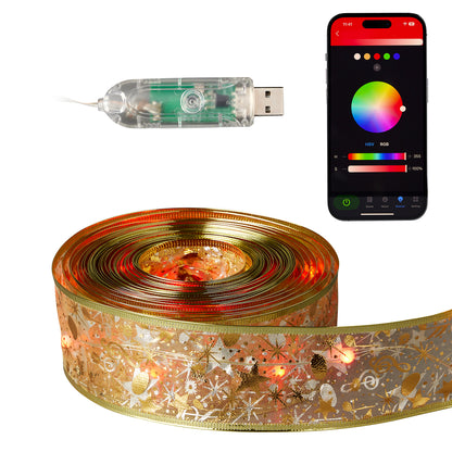 Vivvi App-Based Customizable, Pre-lit Gold 2" Wired Ribbon with Color-Changing LED Lights, 32 ft. long