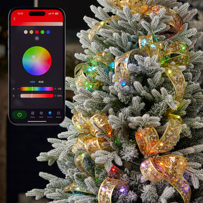 Vivvi App-Based Customizable, Pre-lit Gold 2" Wired Ribbon with Color-Changing LED Lights, 32 ft. long