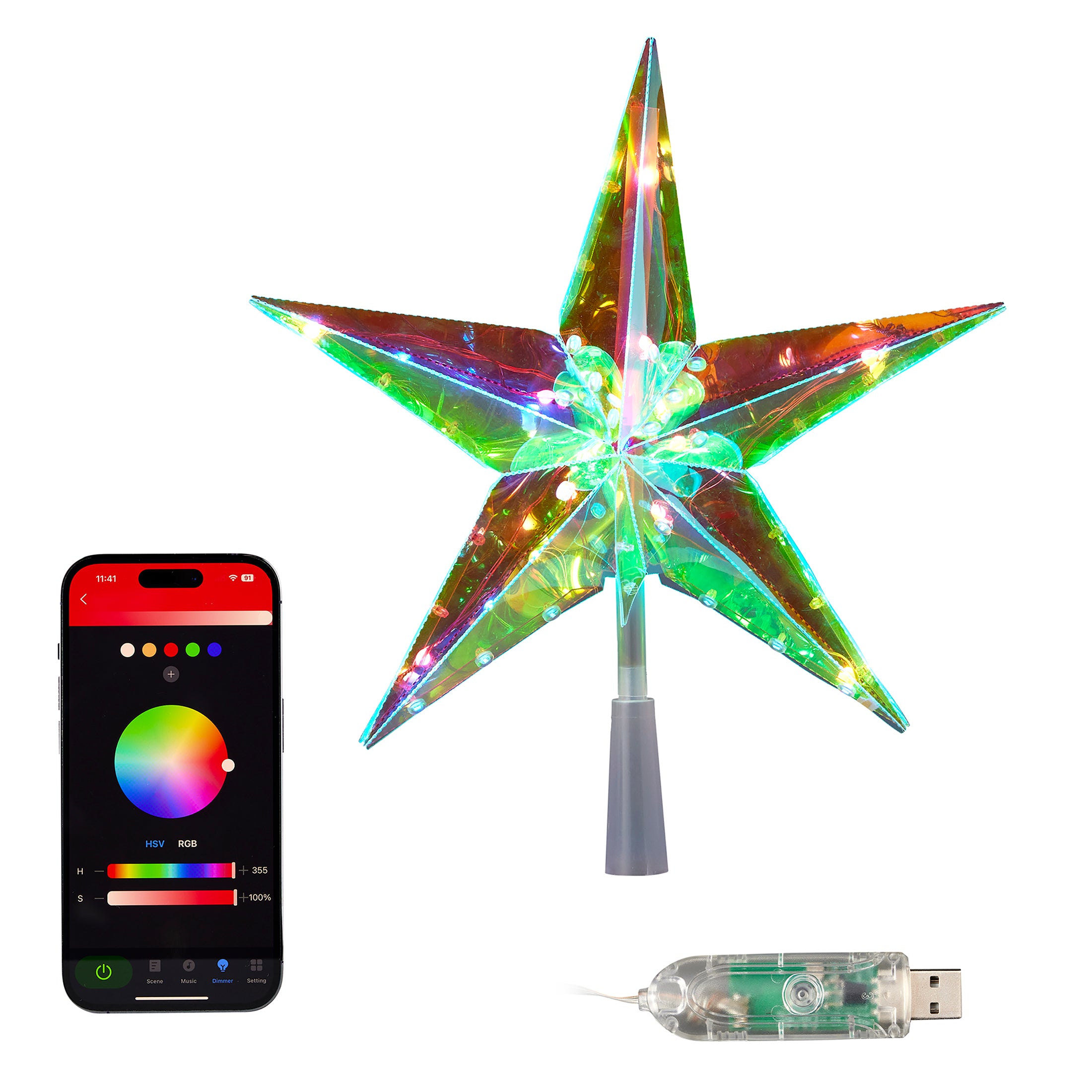 Vivvi App-Based Customizable, Color Changing 11" Christmas Prismatic Star Tree Topper