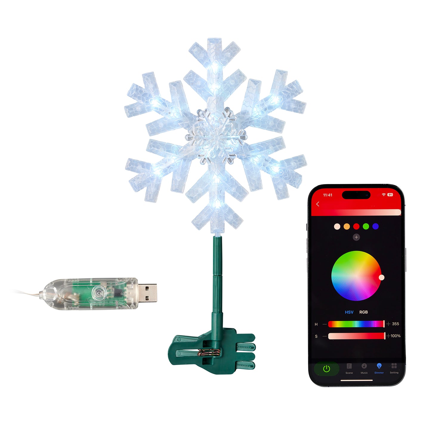 Vivvi App-Based Customizable, Color-Changing 8" Christmas Snowflake Tree Topper