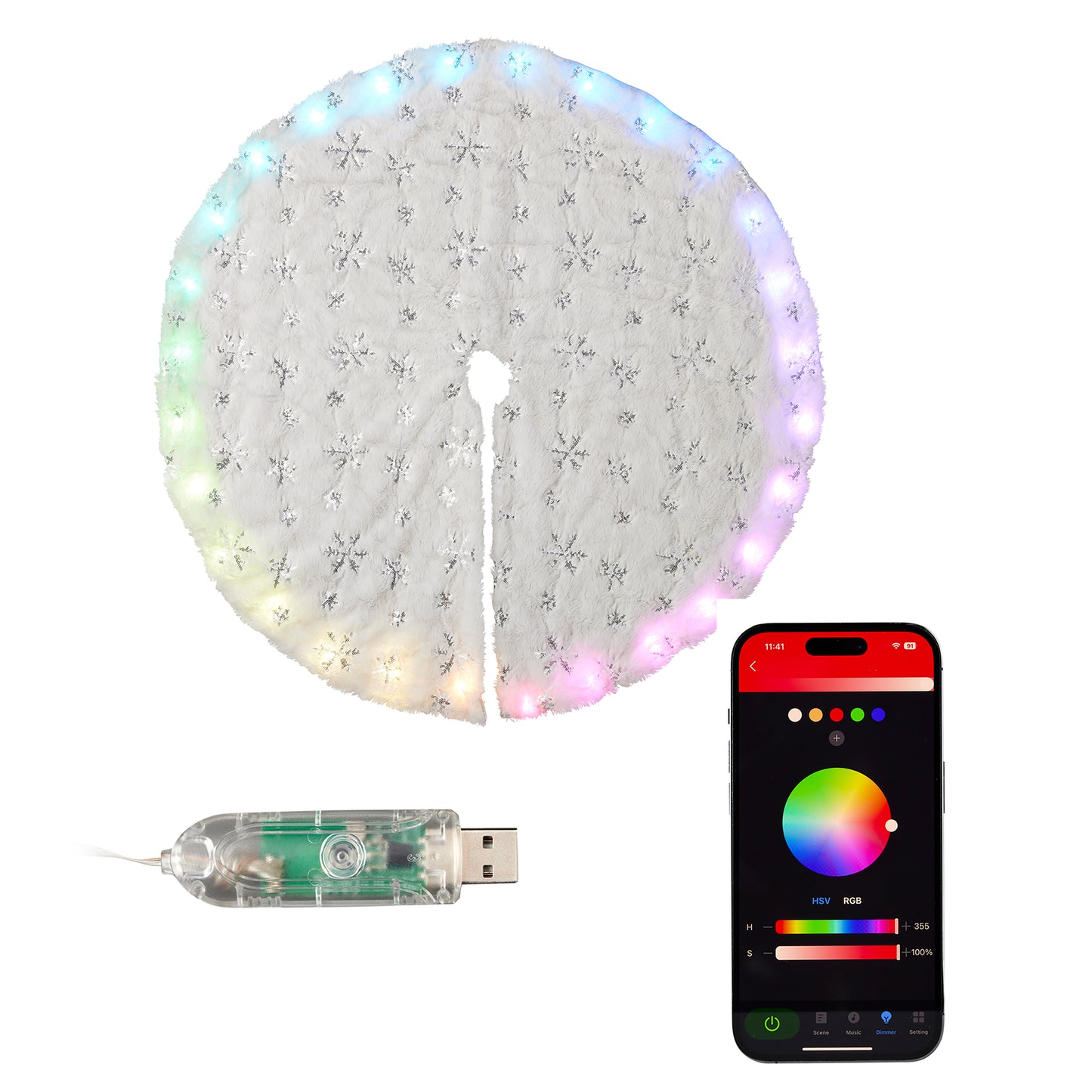 Vivvi App-Based Customizable, White Snowflake Tree Skirt with Color-Changing LED Lights, 42" diameter